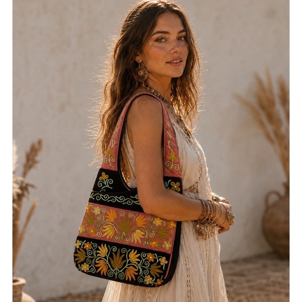 Embroidered Floral Boho Shoulder Bag Brown Pink‎ Hobo Purse Festival Hippie